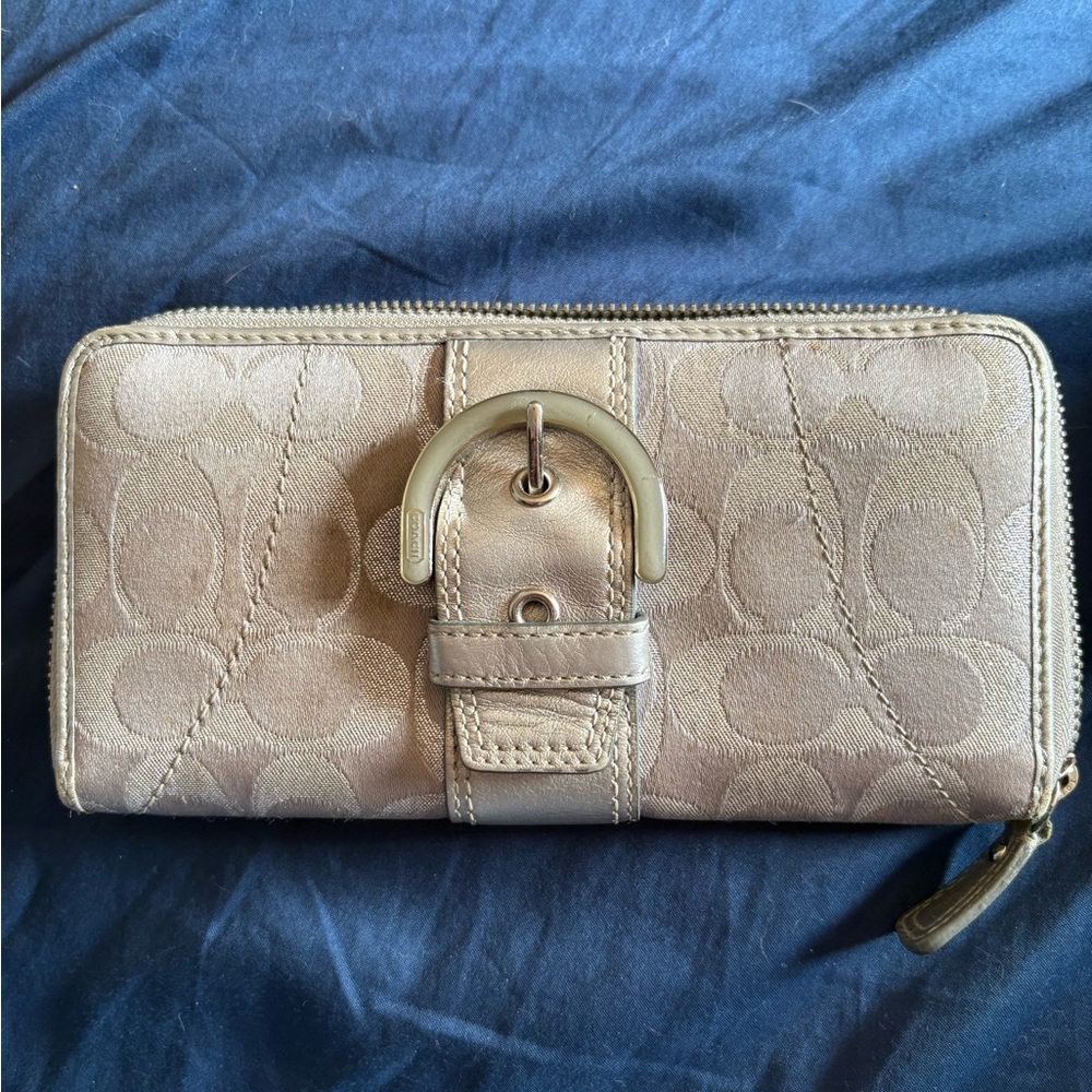 Coach Metallic Taupe Signature Zip-Around Wallet with Buckle Detail